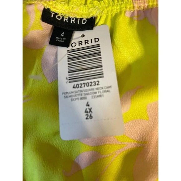 Torrid Plus 4 Yellow-Pink Floral Satin Ruffle Elastic Waist Detail Camisole Top - Picture 6 of 6
